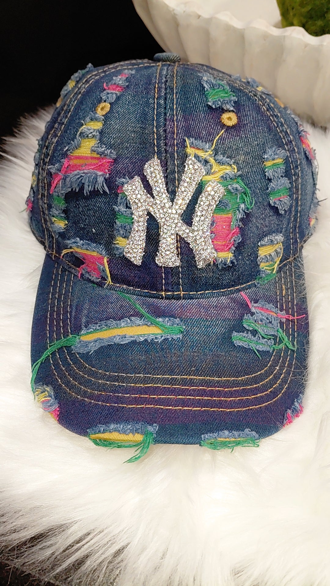 LA & NY Bling Distressed Denim Hat