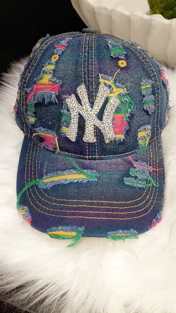 LA & NY Bling Distressed Denim Hat