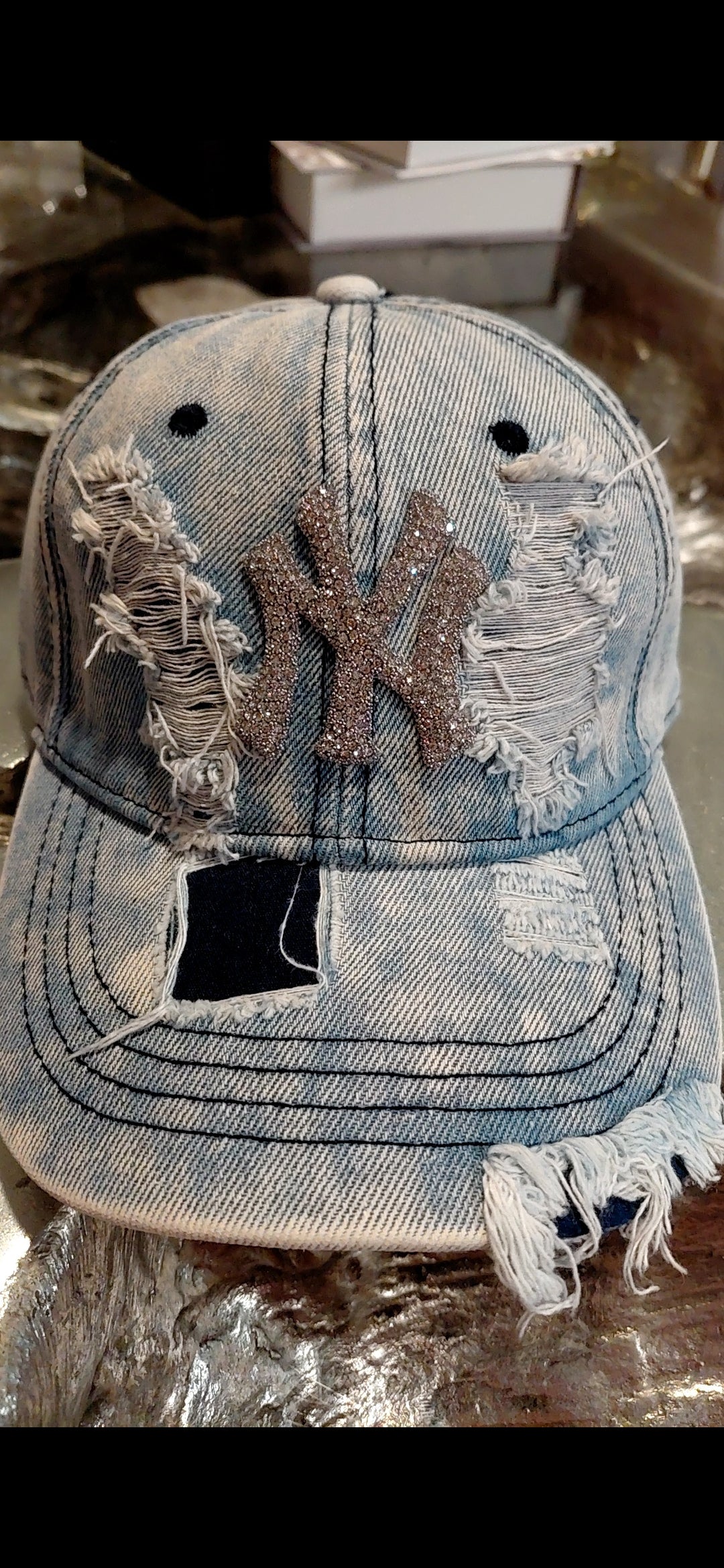 LA & NY Bling Distressed Denim Hat