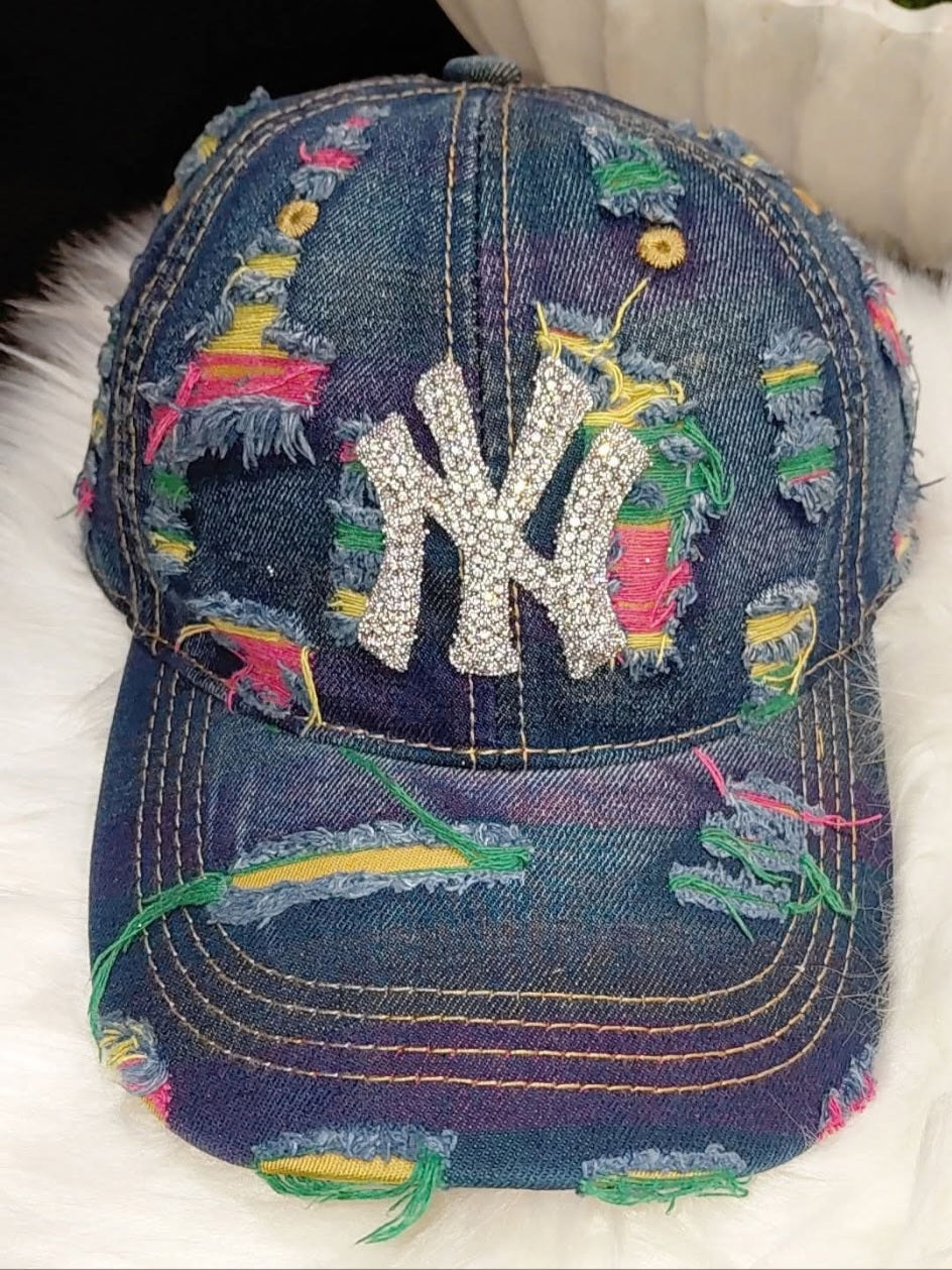 LA & NY Bling Distressed Denim Hat