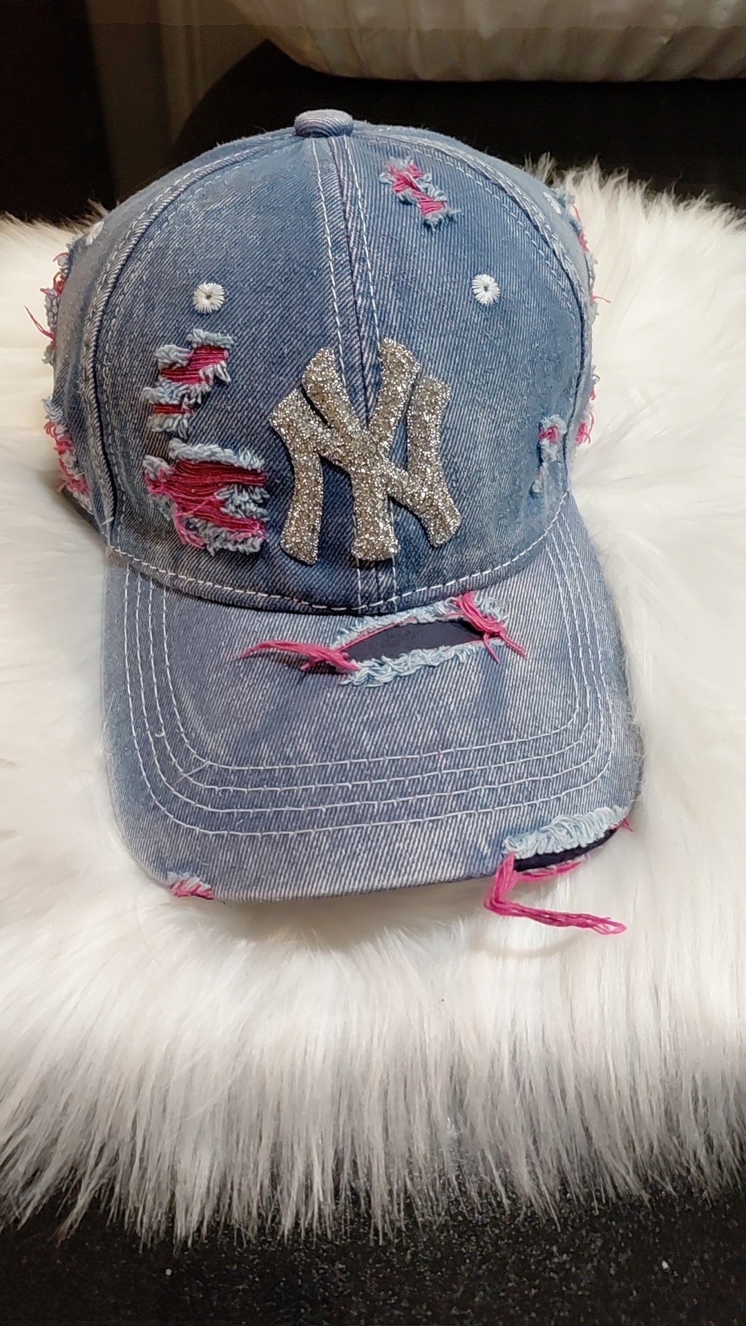 LA & NY Bling Distressed Denim Hat
