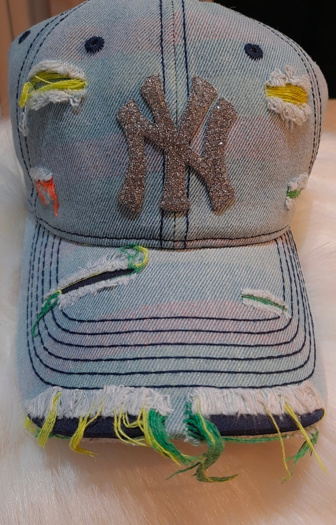 LA & NY Bling Distressed Denim Hat